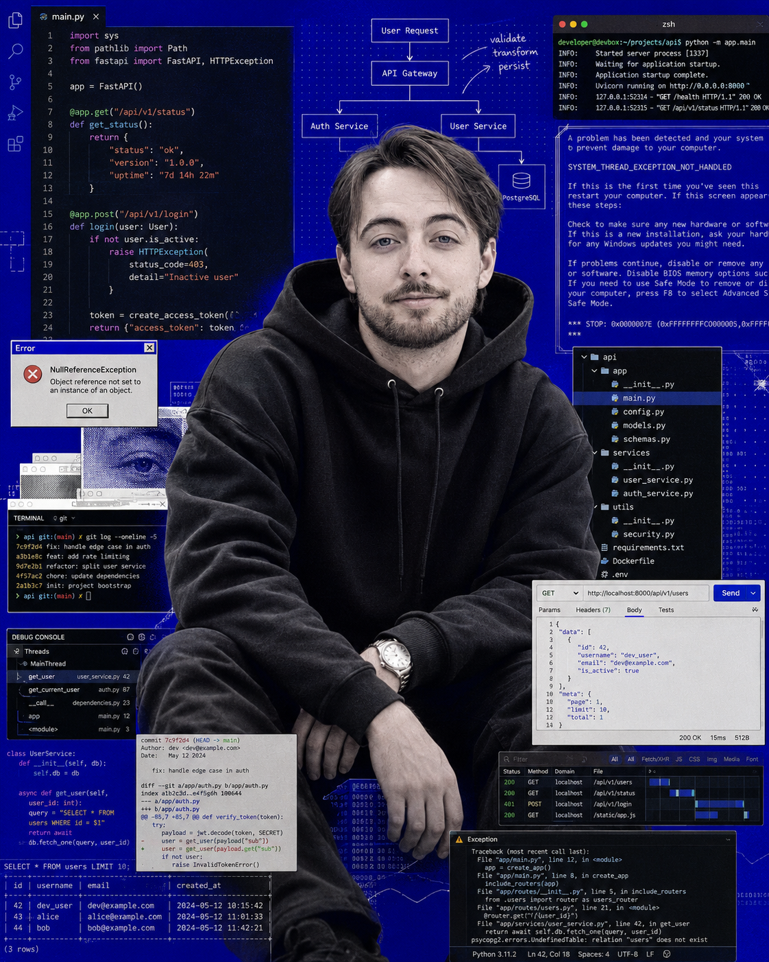 Eric rodeado de código, arquitectura backend y ventanas técnicas